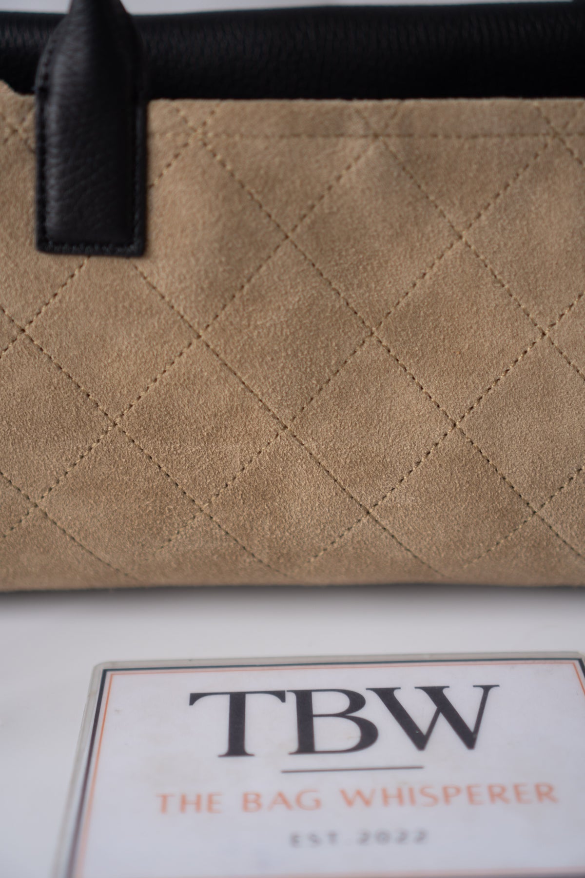 East-West Suede Flap Bag – Beige & Black Leather