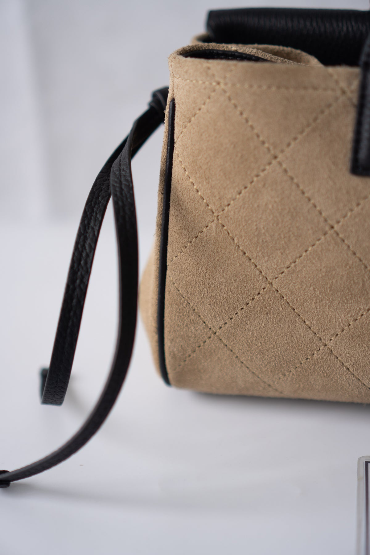 East-West Suede Flap Bag – Beige & Black Leather