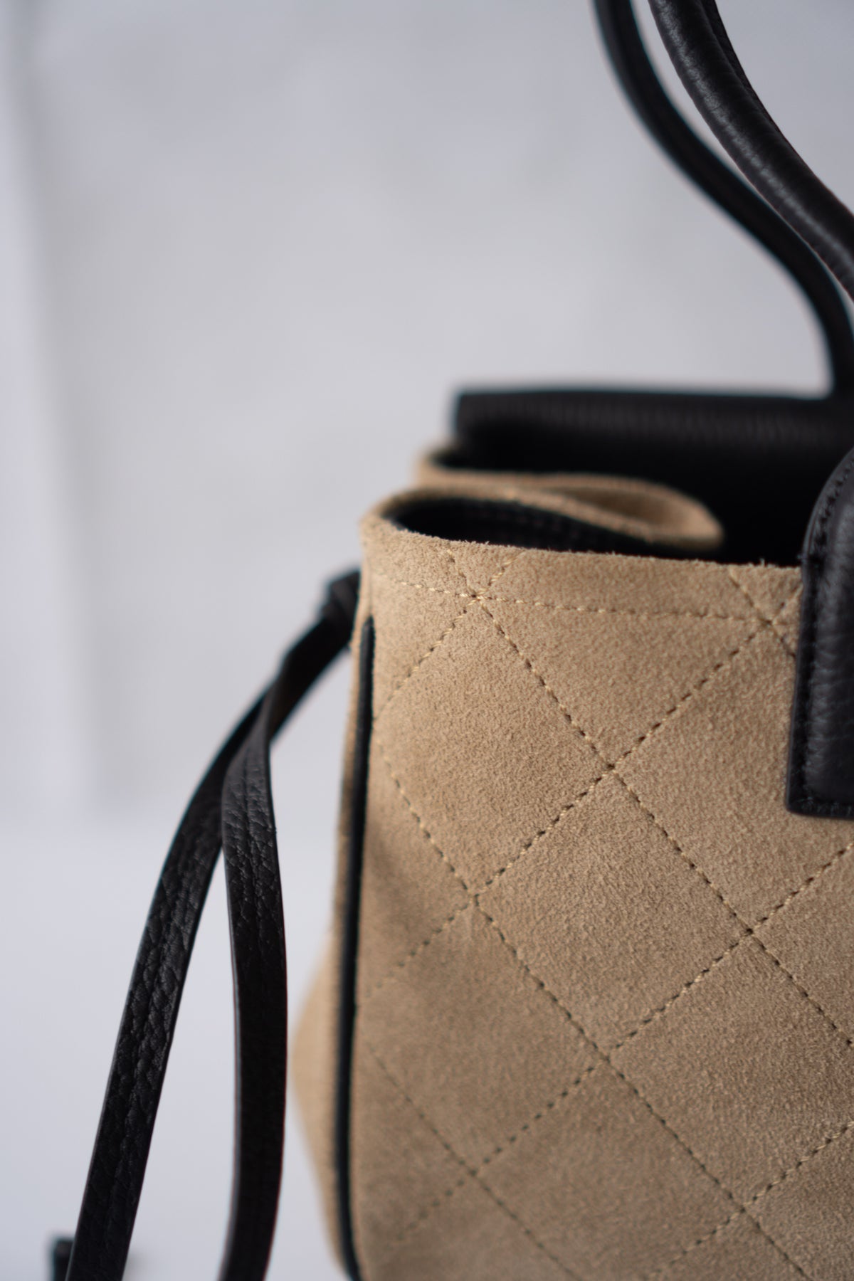 East-West Suede Flap Bag – Beige & Black Leather