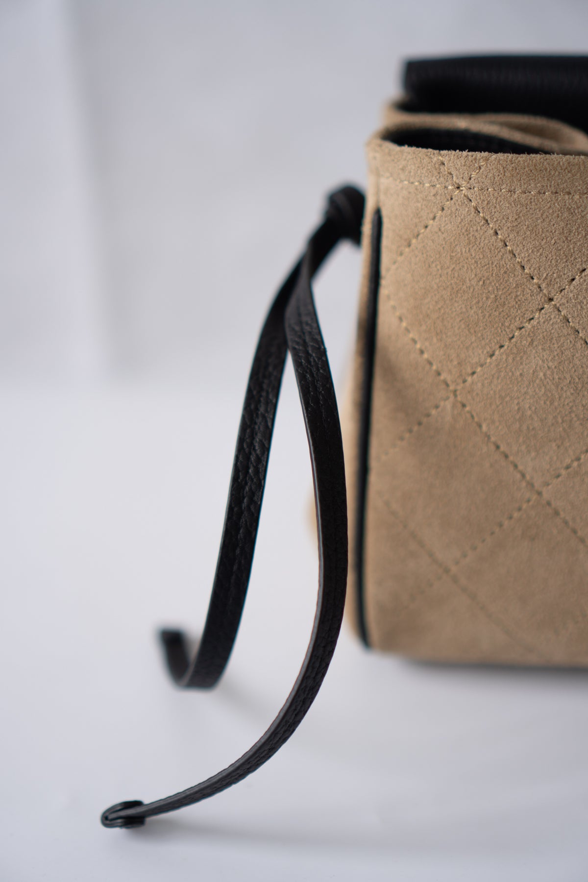 East-West Suede Flap Bag – Beige & Black Leather