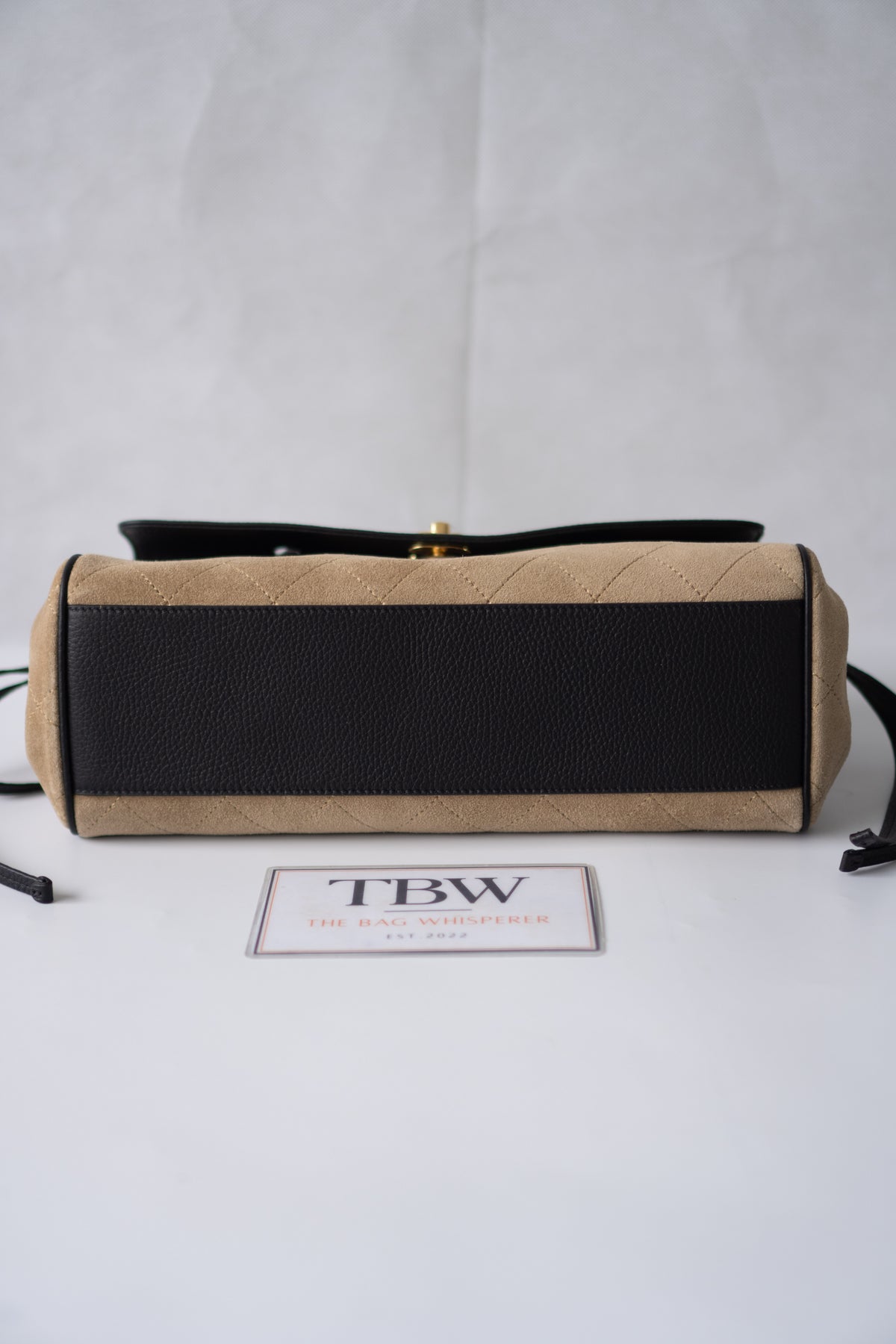 East-West Suede Flap Bag – Beige & Black Leather