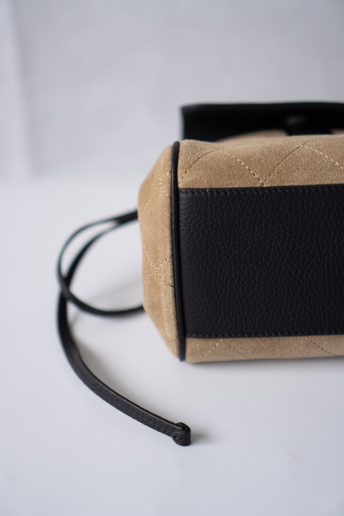 East-West Suede Flap Bag – Beige & Black Leather