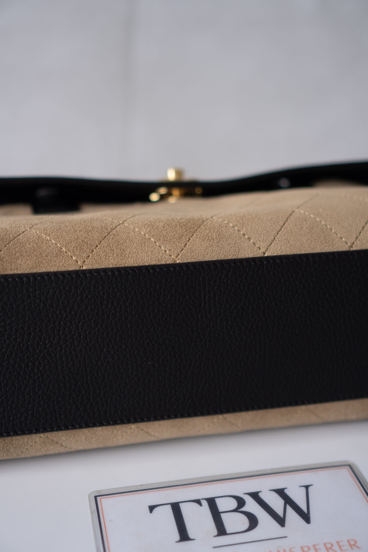 East-West Suede Flap Bag – Beige & Black Leather