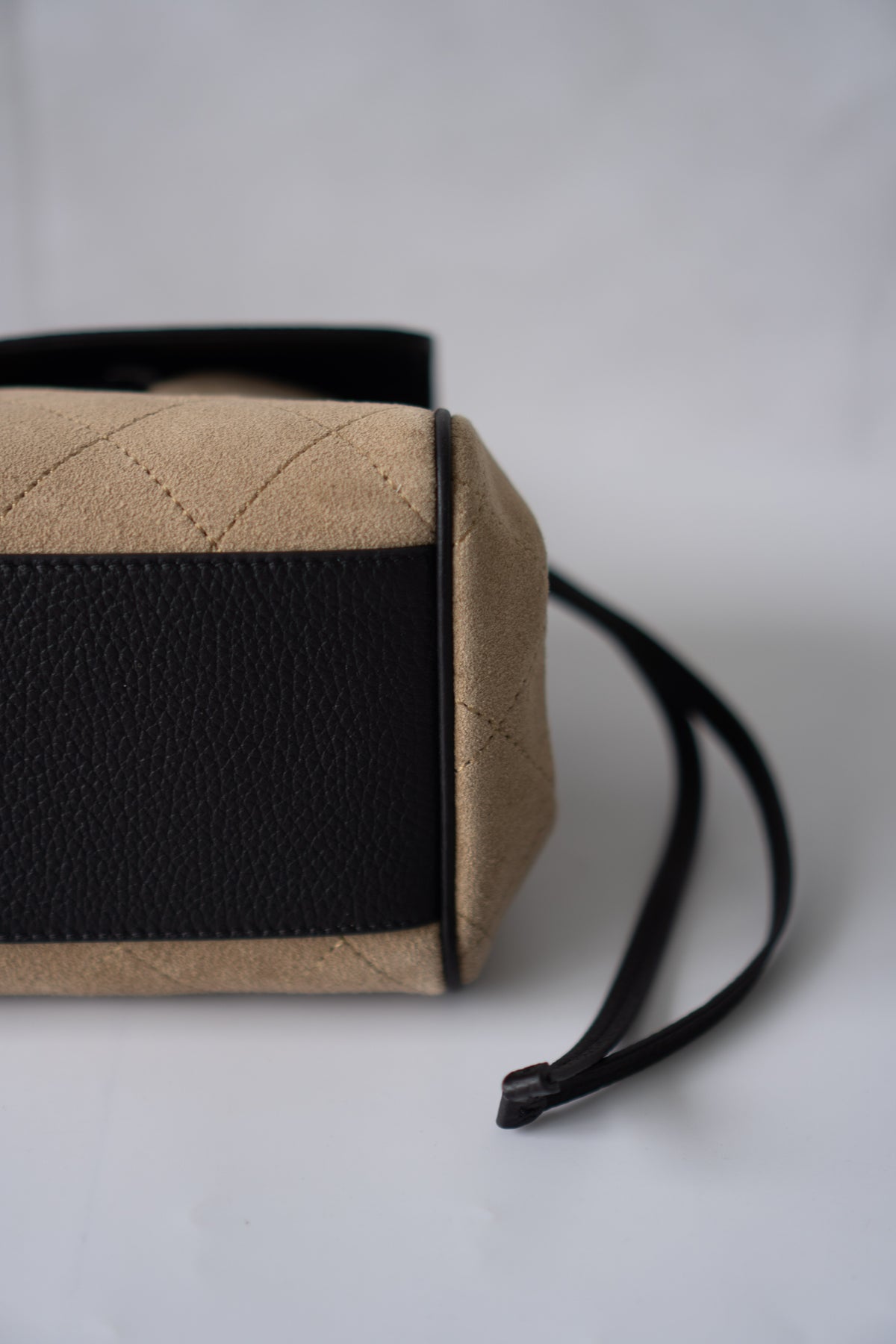 East-West Suede Flap Bag – Beige & Black Leather