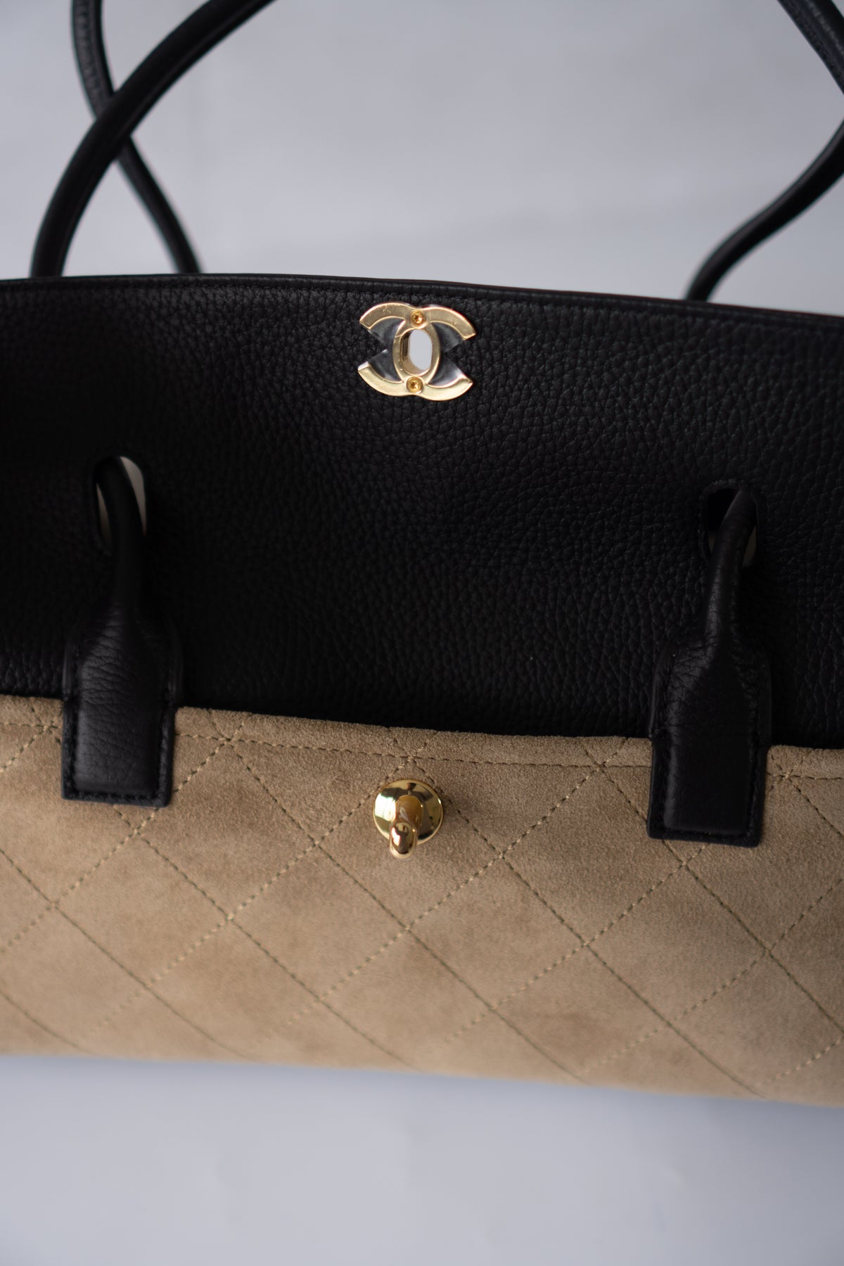 East-West Suede Flap Bag – Beige & Black Leather