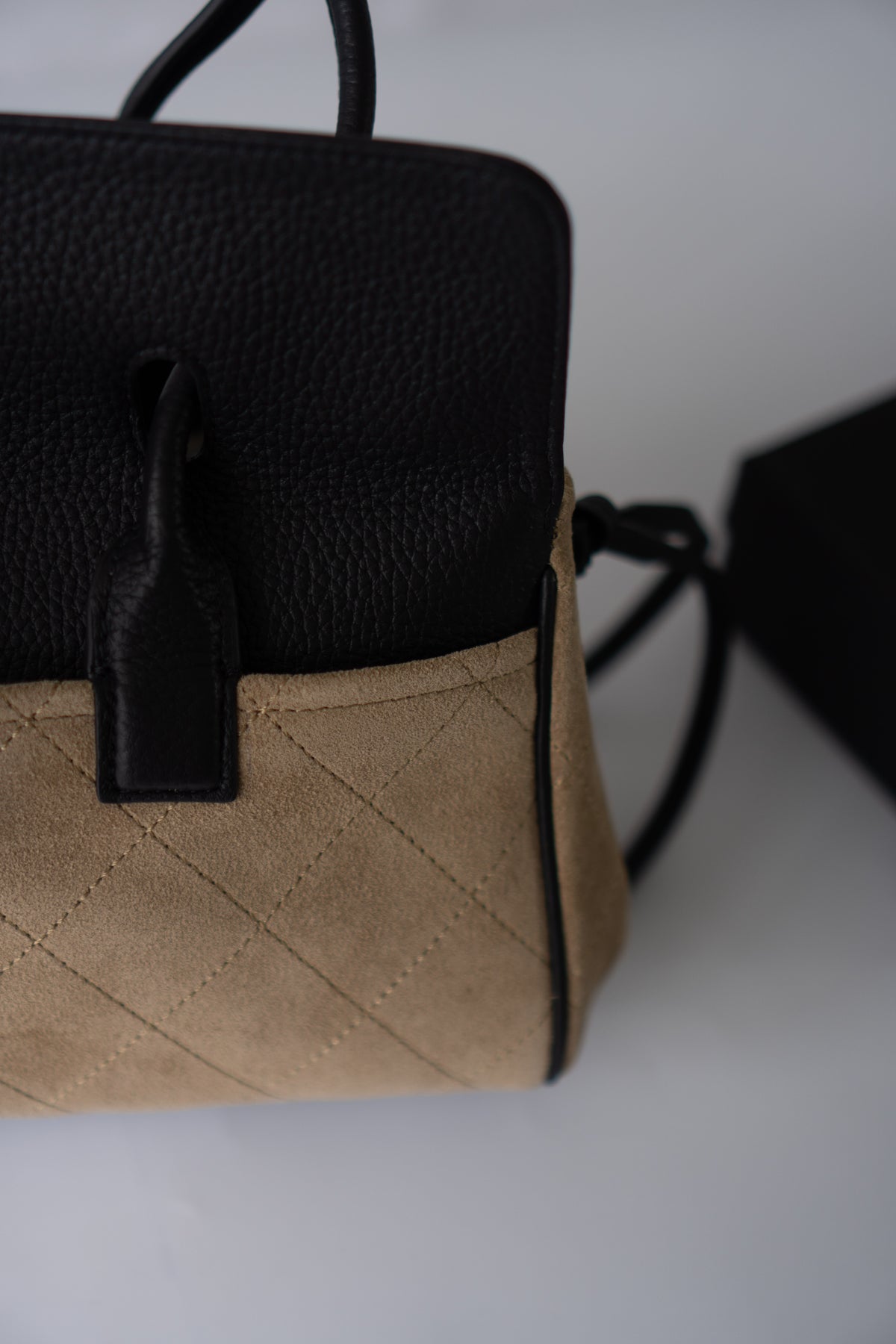 East-West Suede Flap Bag – Beige & Black Leather