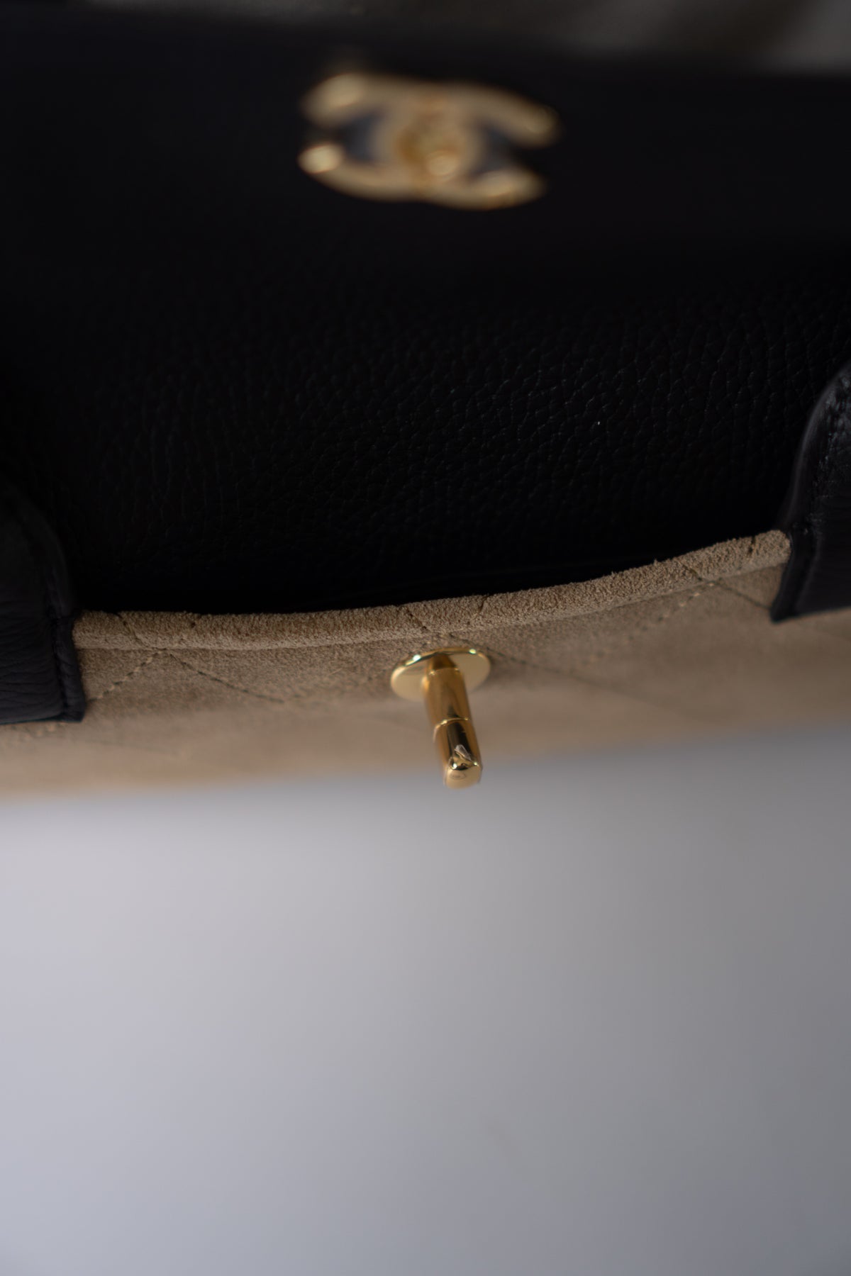 East-West Suede Flap Bag – Beige & Black Leather