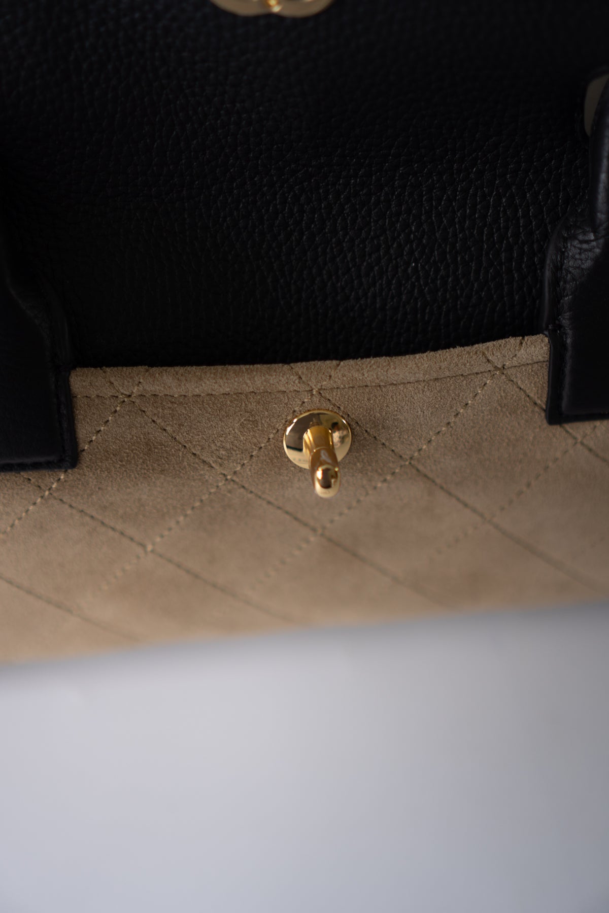 East-West Suede Flap Bag – Beige & Black Leather
