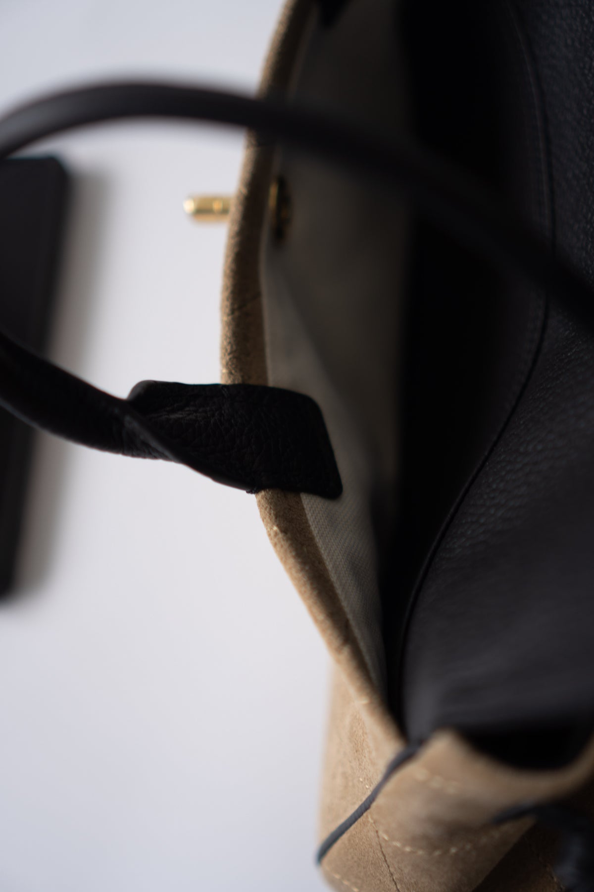 East-West Suede Flap Bag – Beige & Black Leather