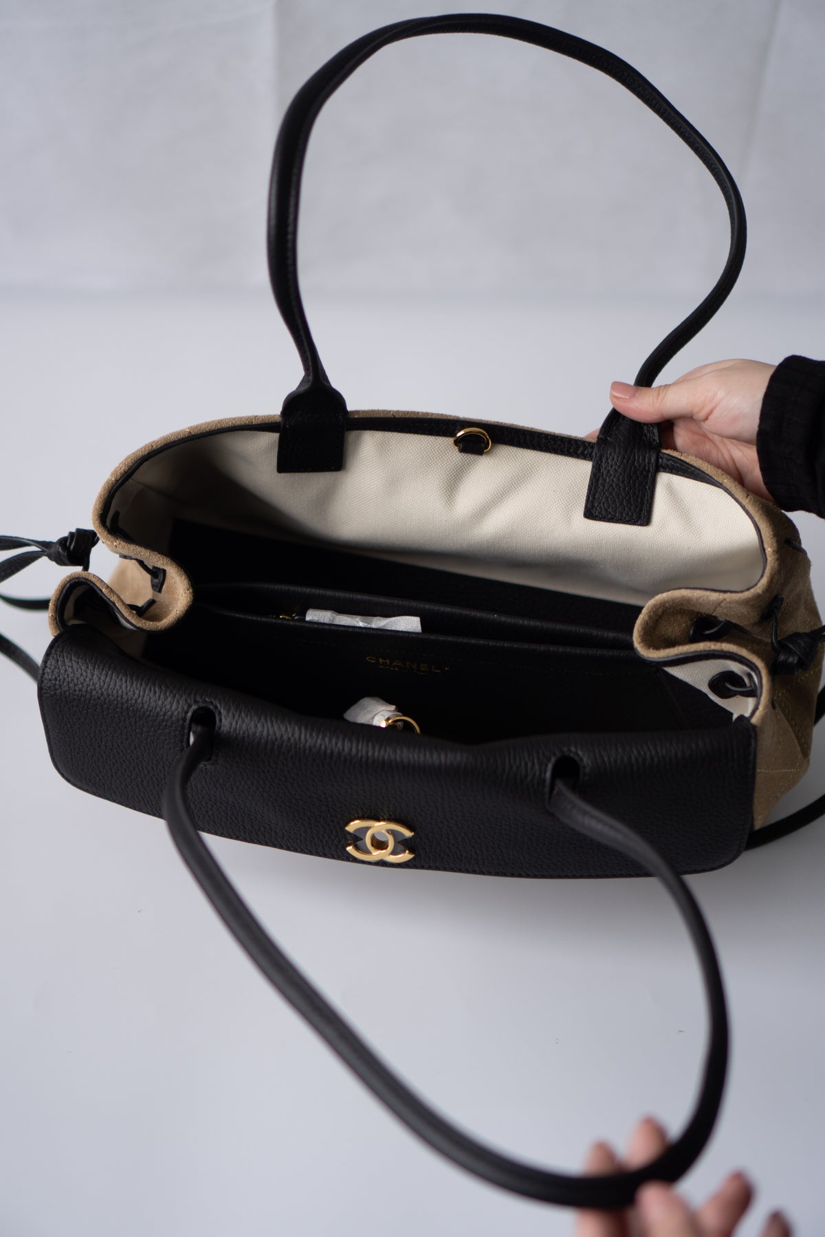 East-West Suede Flap Bag – Beige & Black Leather