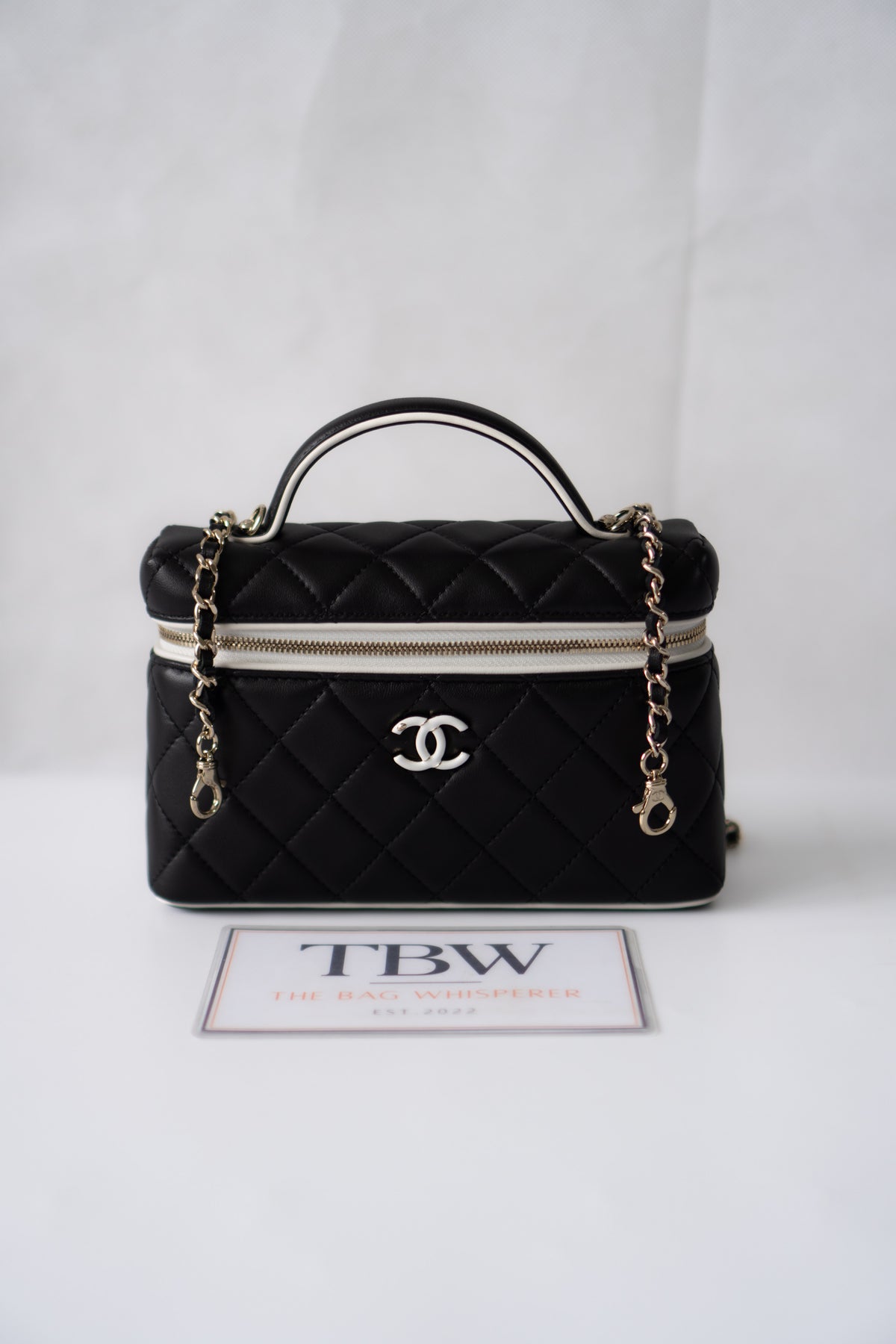 Small Vanity Chain Case – Black Quilted Lambskin with White Piping