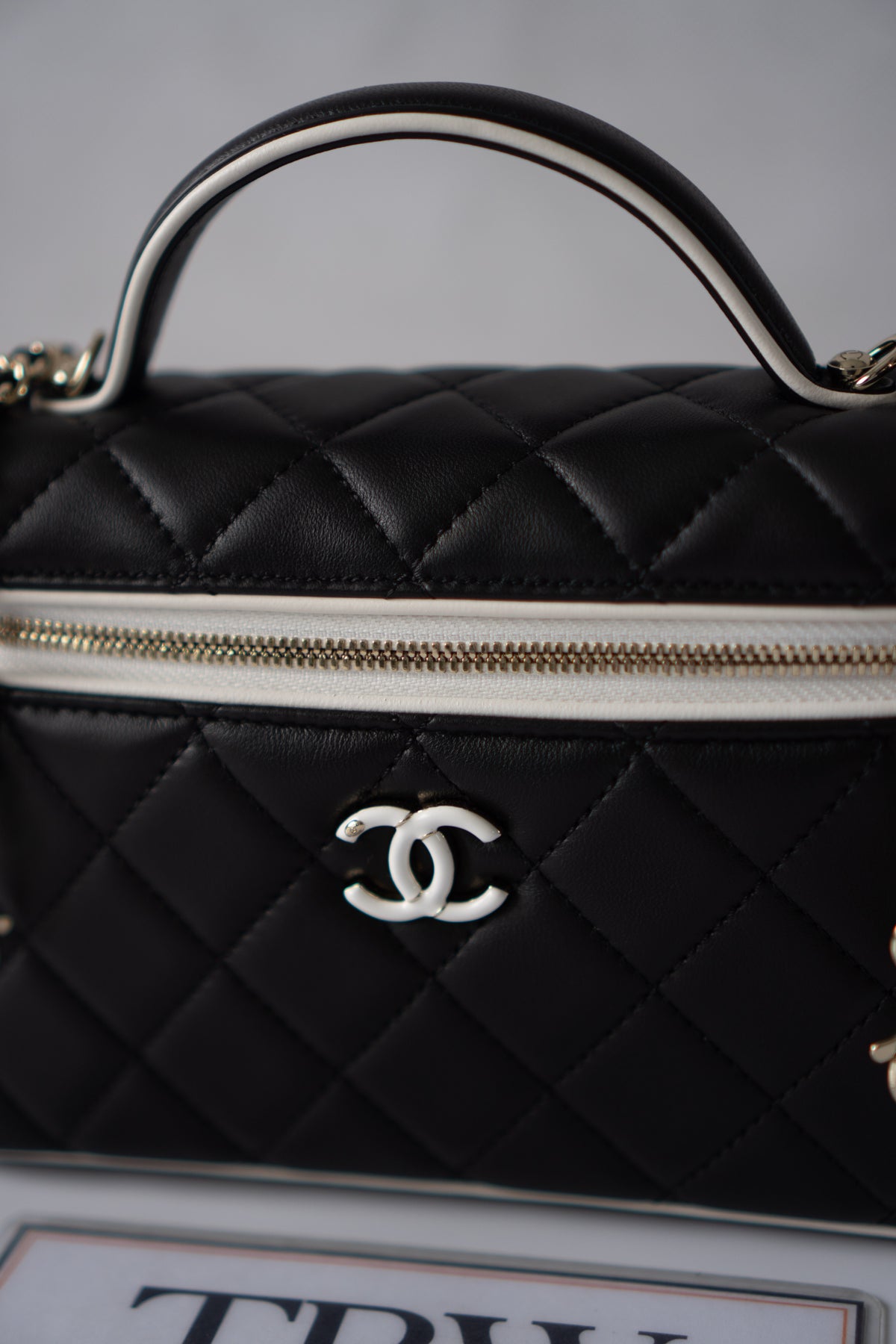 Small Vanity Chain Case – Black Quilted Lambskin with White Piping