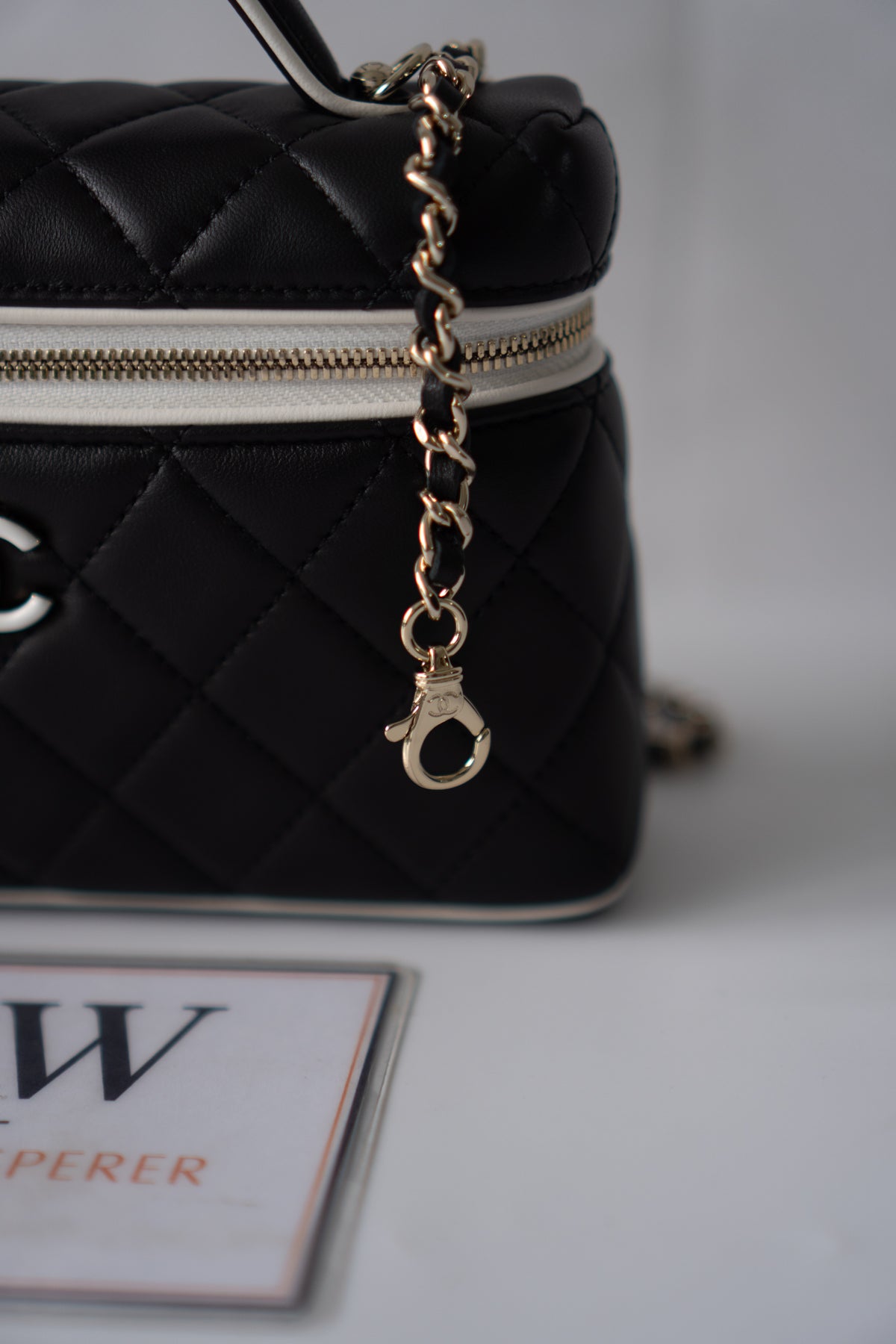 Small Vanity Chain Case – Black Quilted Lambskin with White Piping
