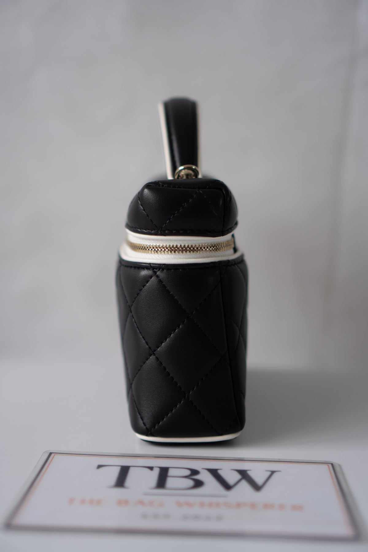 Small Vanity Chain Case – Black Quilted Lambskin with White Piping