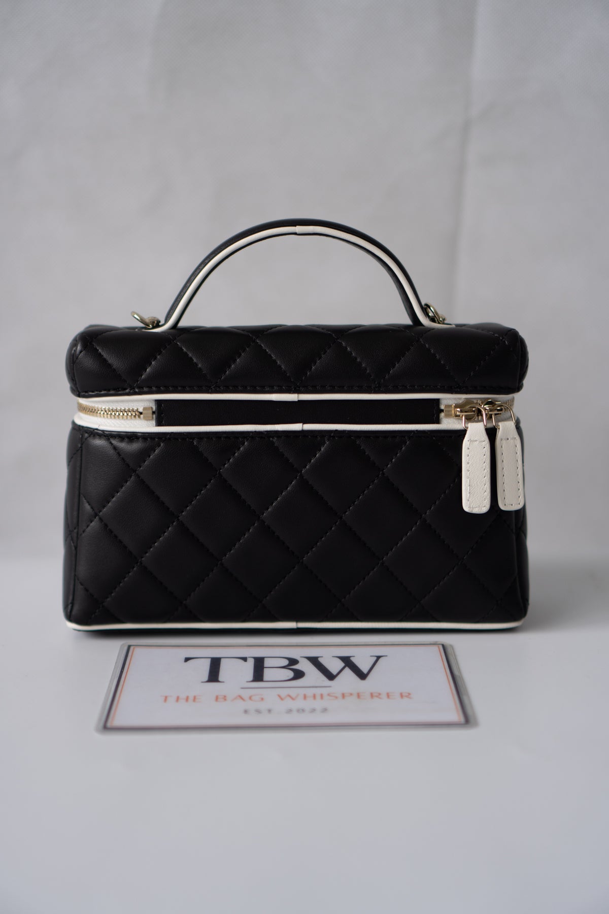 Small Vanity Chain Case – Black Quilted Lambskin with White Piping