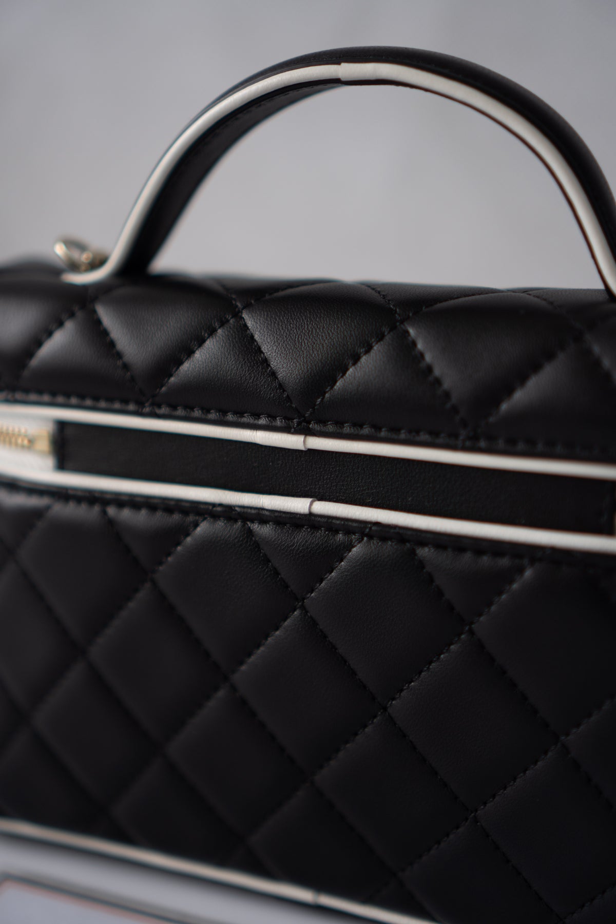 Small Vanity Chain Case – Black Quilted Lambskin with White Piping