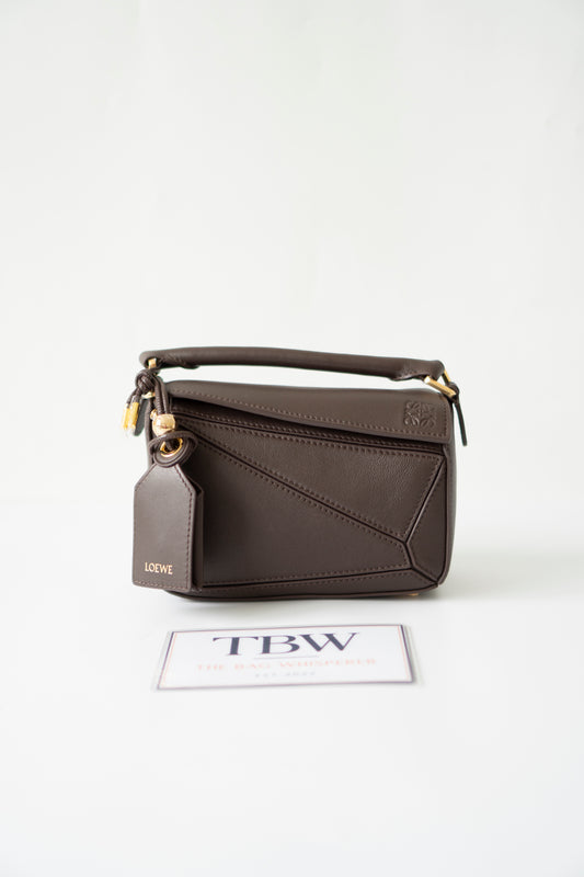 Mini Puzzle Featherlight – Dark Brown Leather with Gold Hardware
