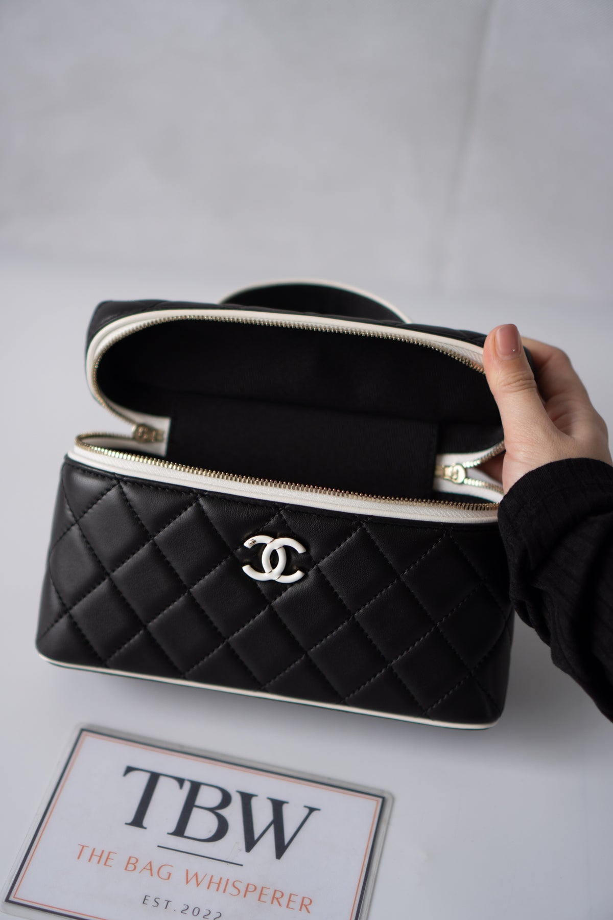Small Vanity Chain Case – Black Quilted Lambskin with White Piping
