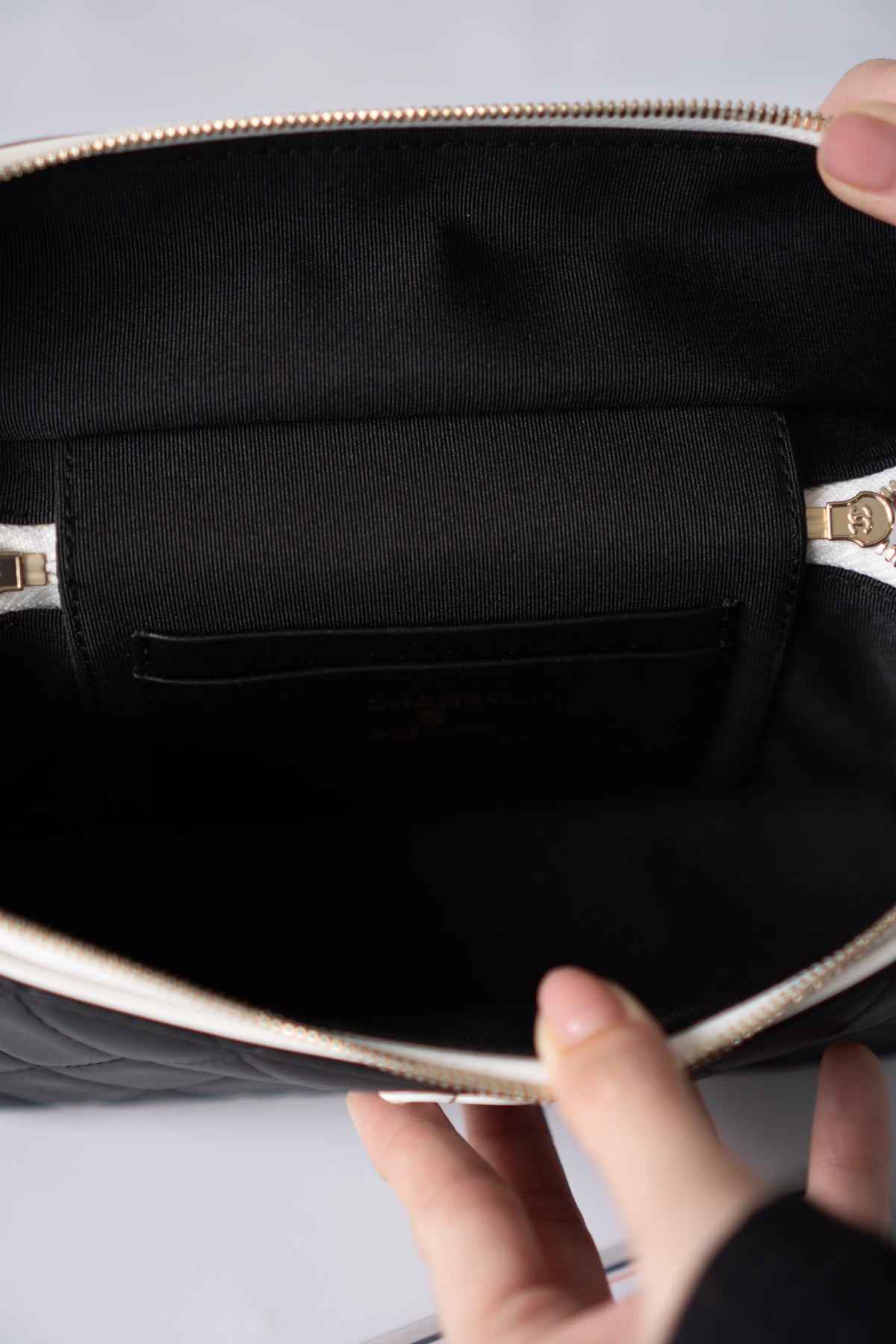 Small Vanity Chain Case – Black Quilted Lambskin with White Piping