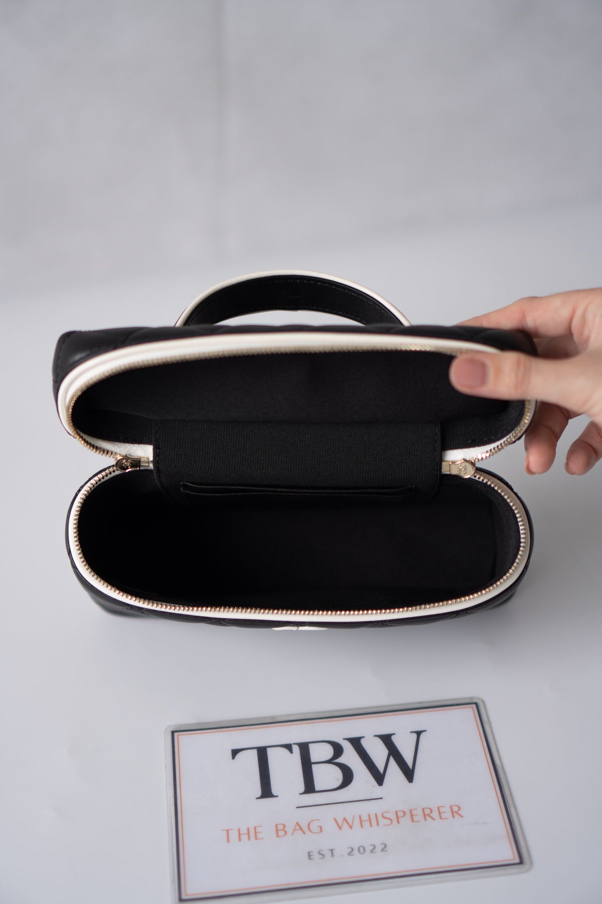 Small Vanity Chain Case – Black Quilted Lambskin with White Piping