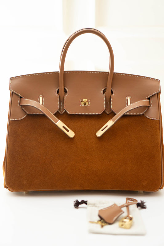 Birkin 35 Grizzly in Gold Swift Suede leather