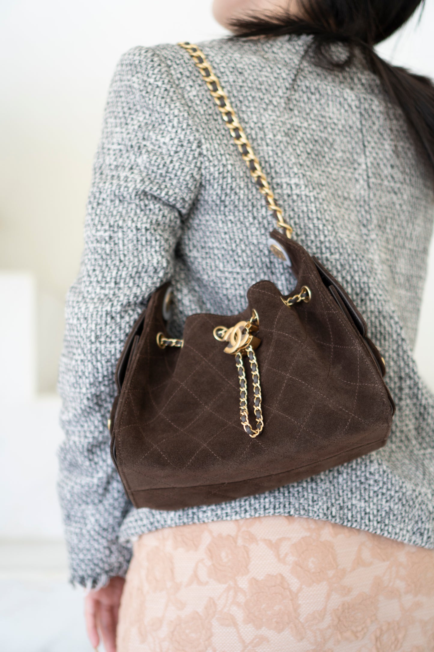 C25 Mini Drawstring Chain Bag – Dark Brown Suede with Gold Hardware