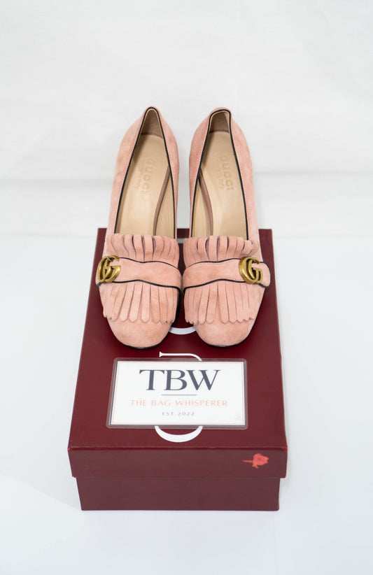 Marmont High-Heel Fringe Pumps – Peony Pink Suede