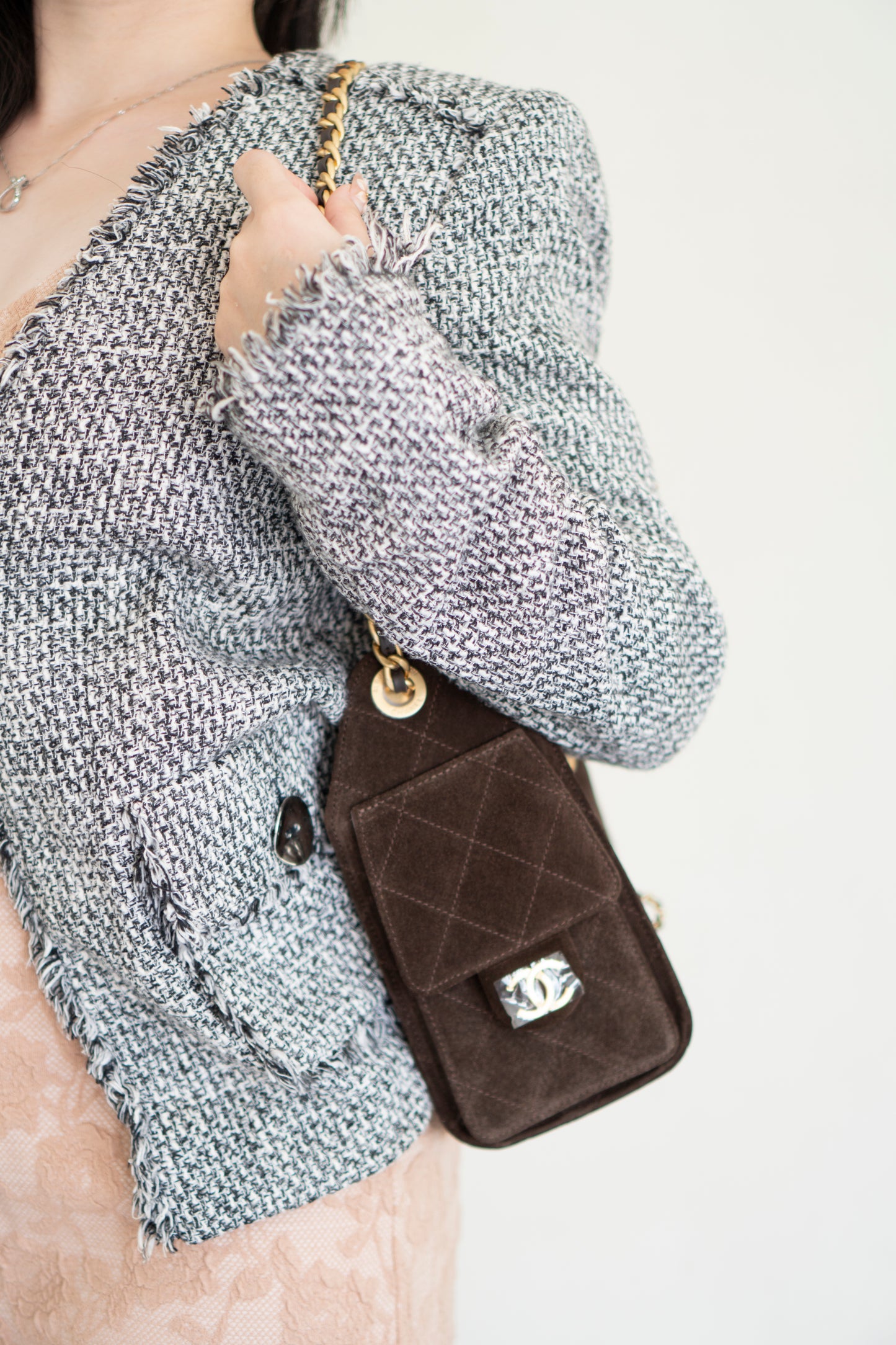 C25 Mini Drawstring Chain Bag – Dark Brown Suede with Gold Hardware