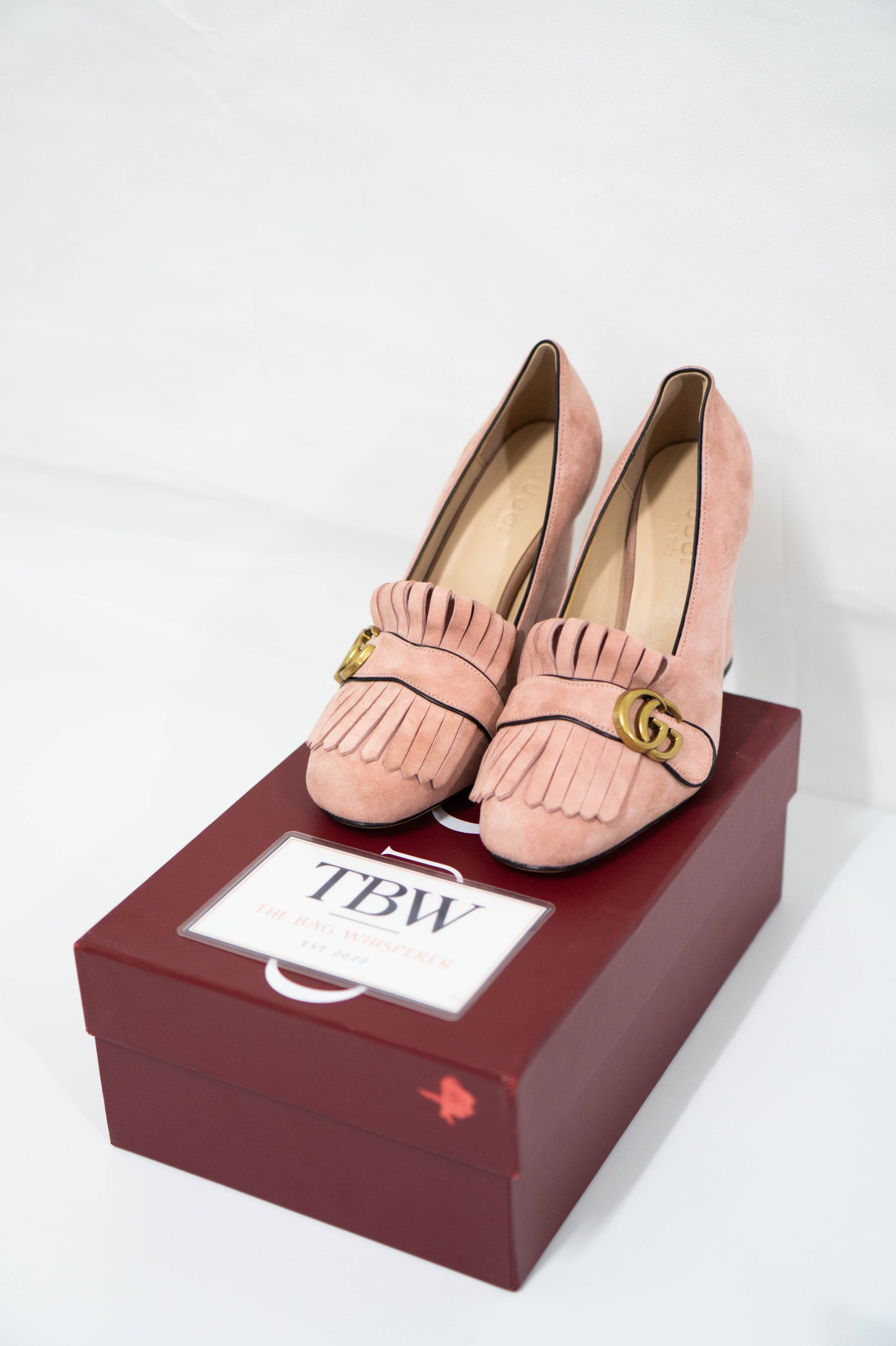 Marmont High-Heel Fringe Pumps – Peony Pink Suede