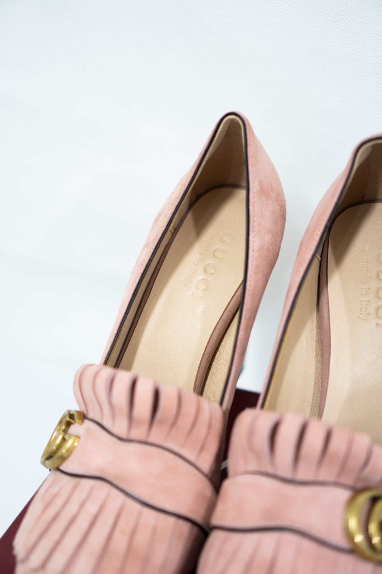 Marmont High-Heel Fringe Pumps – Peony Pink Suede