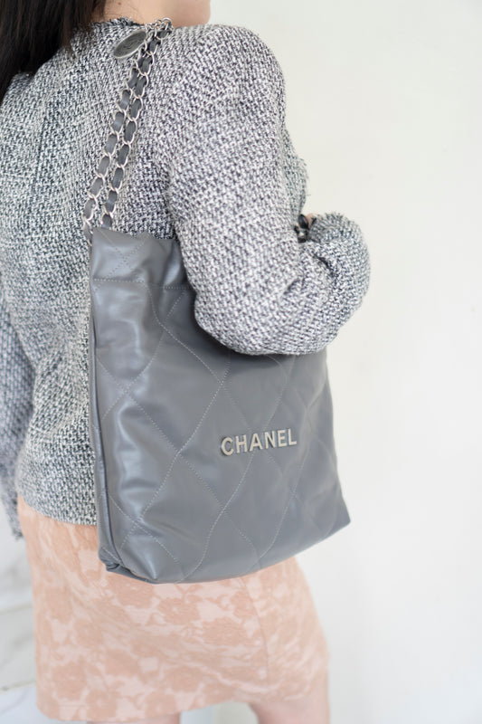 C22 Hobo Bag Small – Shiny Calfskin in Gray with Ruthenium Hardware