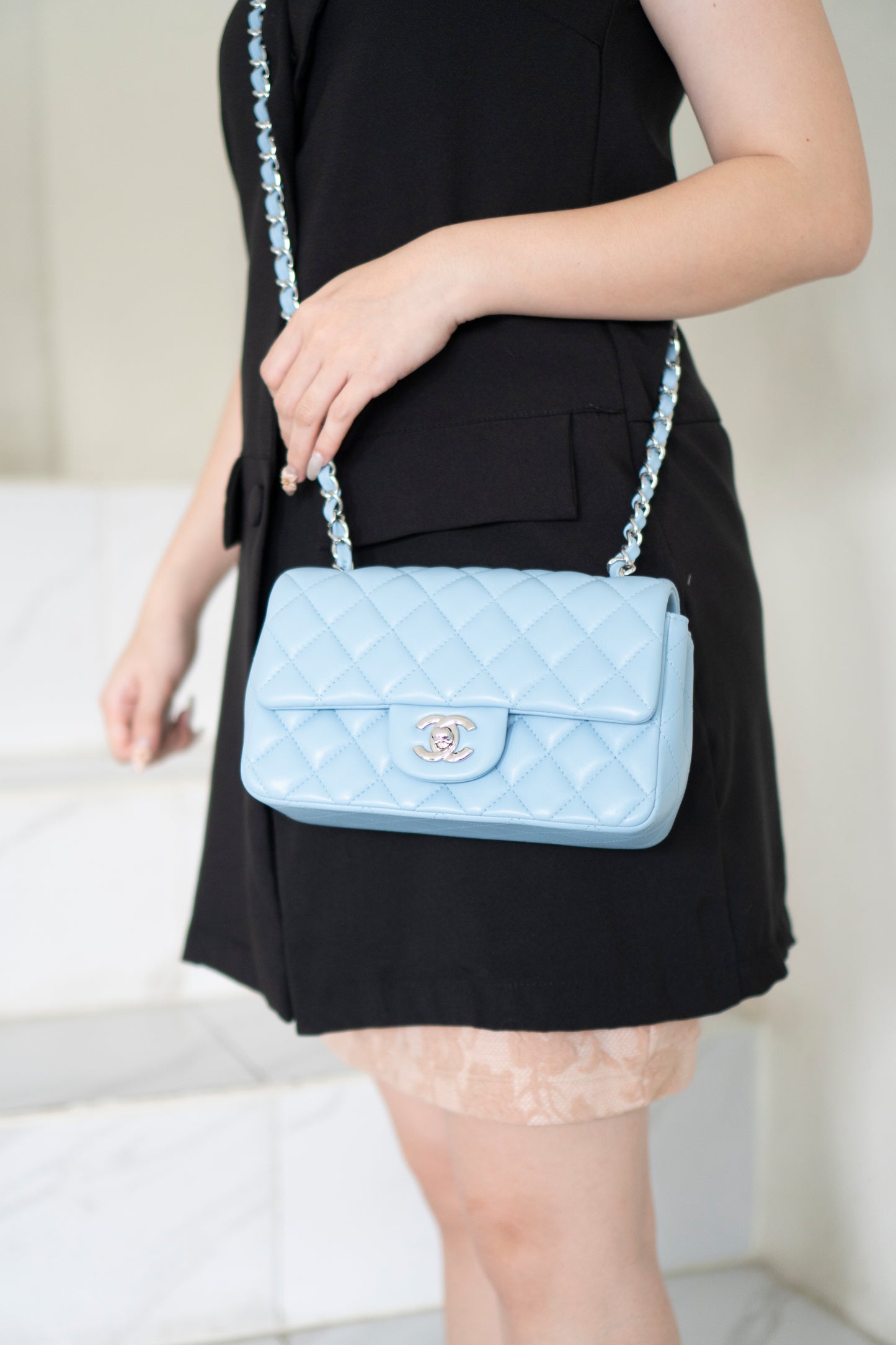 Classic Mini Rectangle Flap – Light Blue Lambskin with Silver Hardware