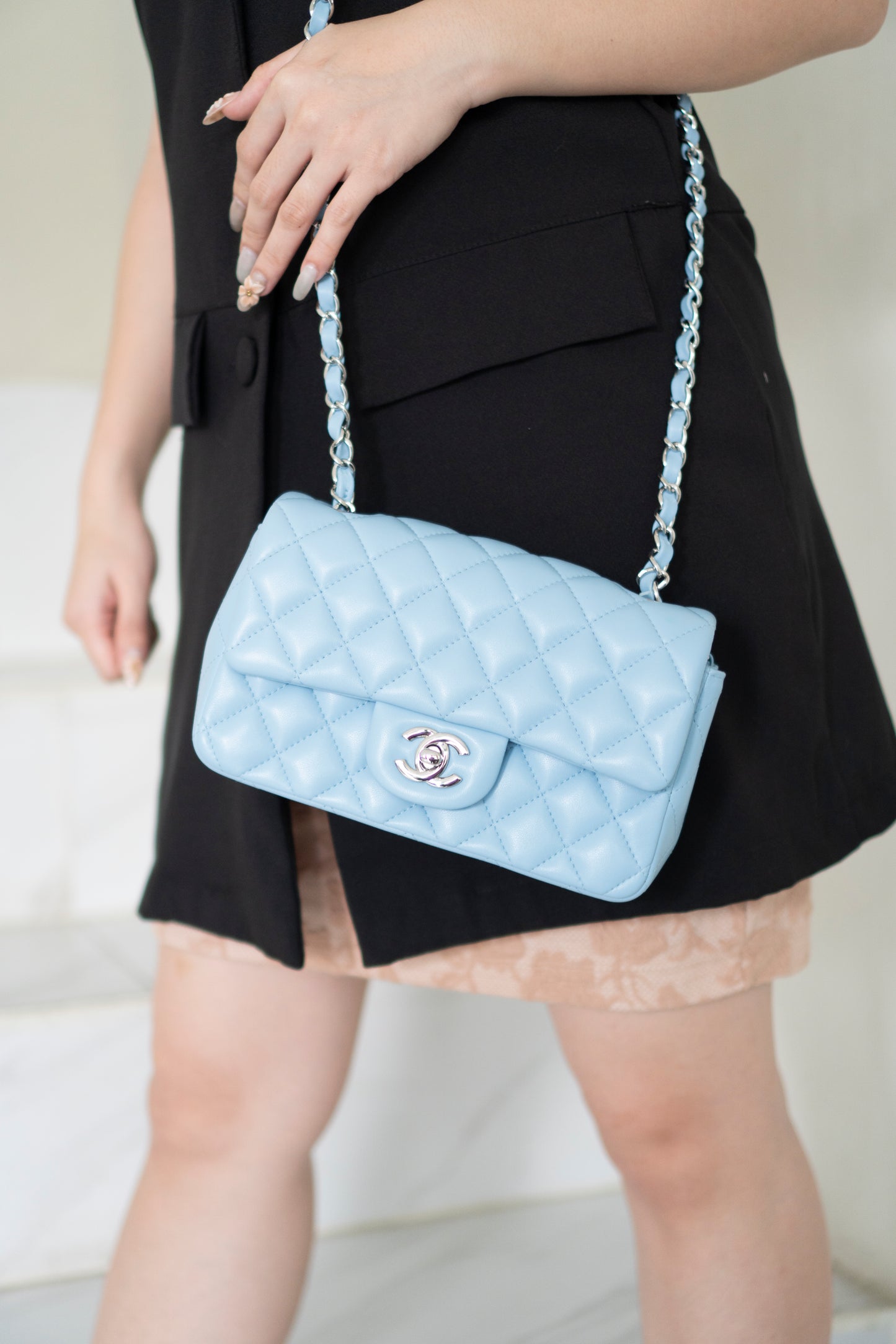Classic Mini Rectangle Flap – Light Blue Lambskin with Silver Hardware
