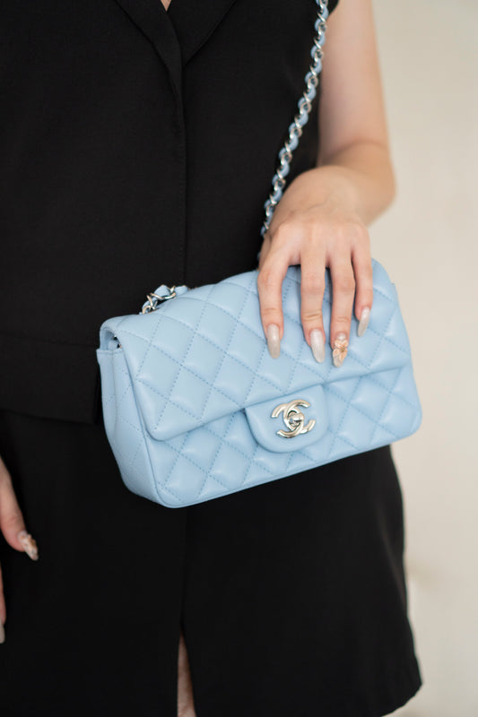 Classic Mini Rectangle Flap – Light Blue Lambskin with Silver Hardware