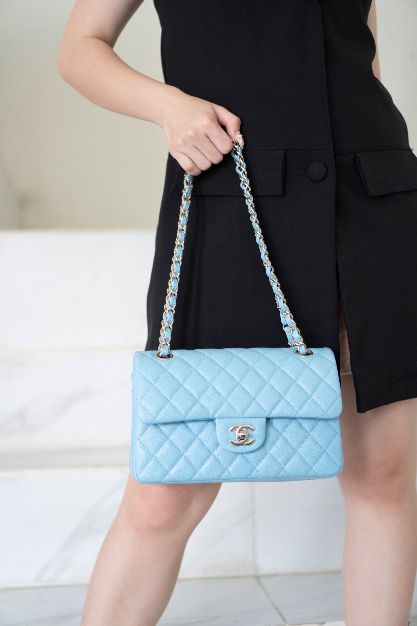 Classic Flap Small – Light Blue Caviar with Silver Hardware