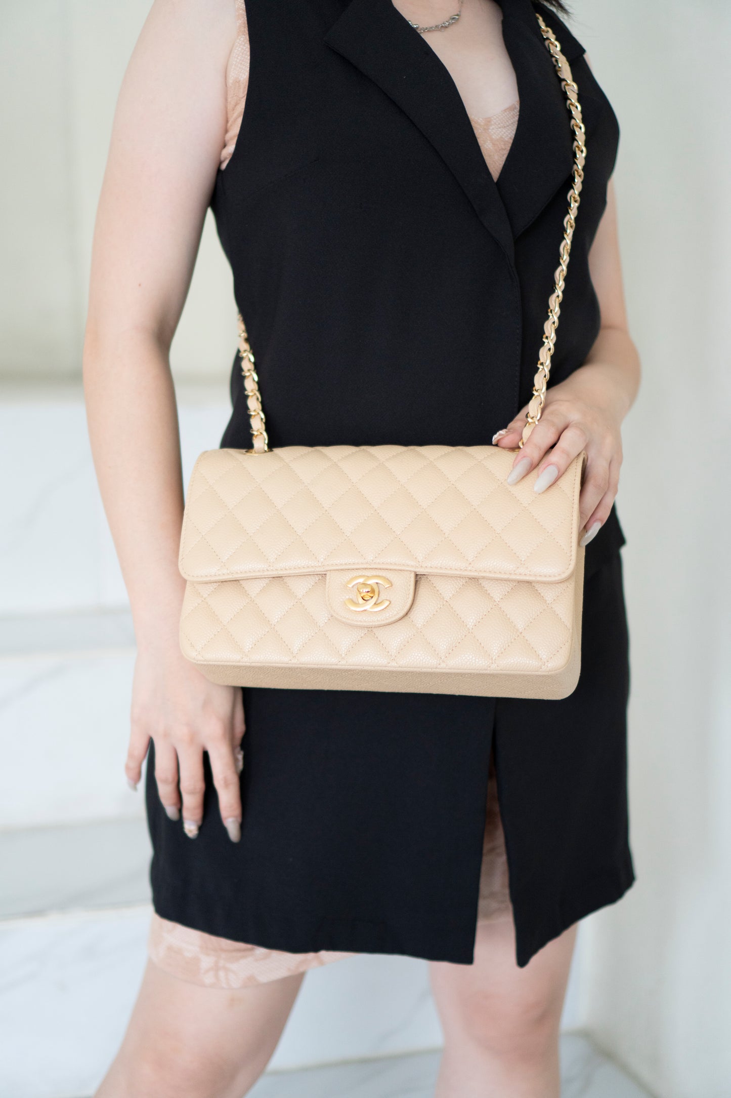 Classic Flap Medium – Beige Clair Caviar with Gold Hardware