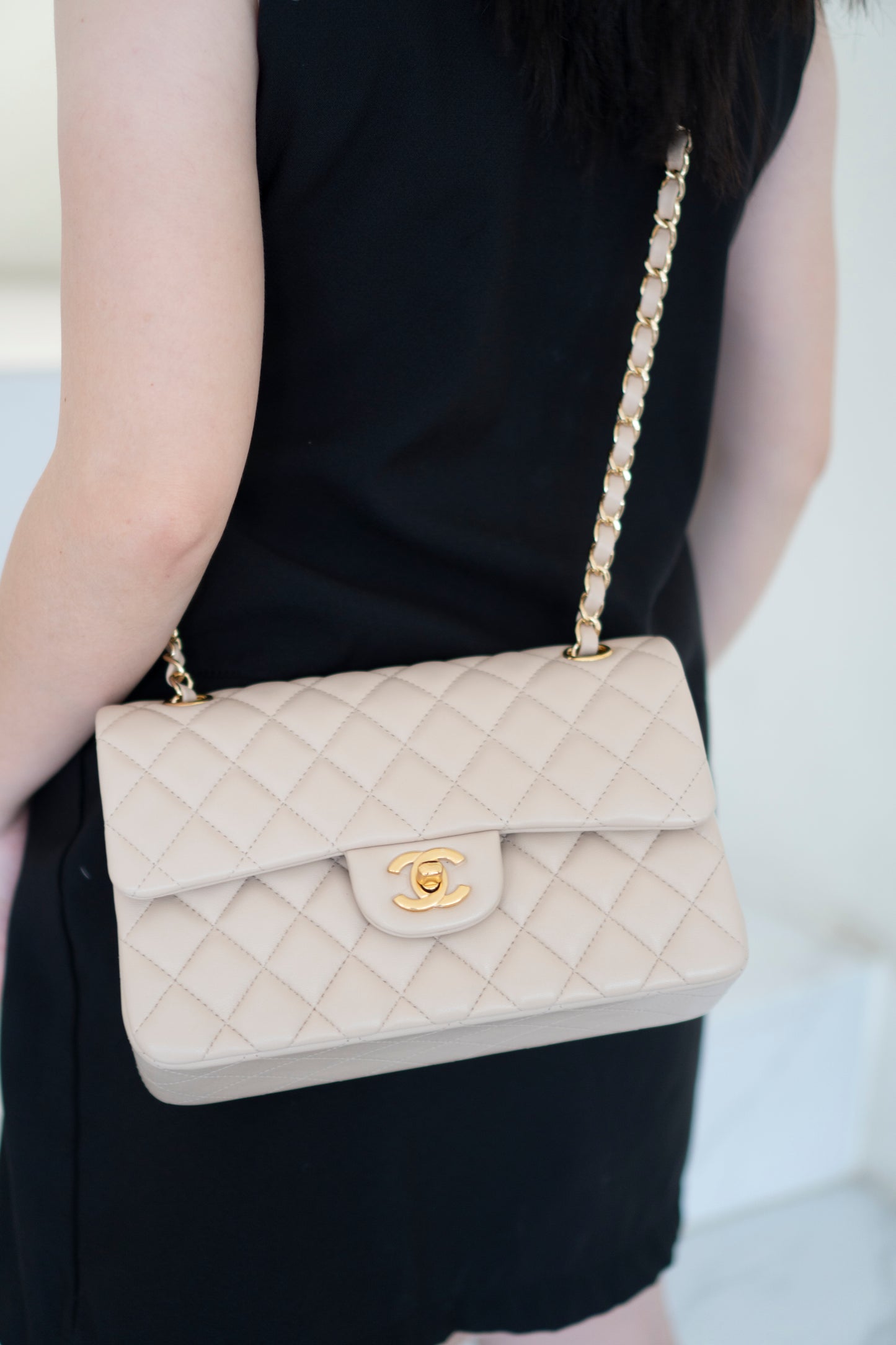 Classic Flap Small – Beige Lambskin with Gold Hardware