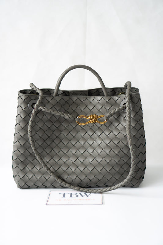 Andiamo – Medium Grey Intrecciato Leather with Gold Hardware