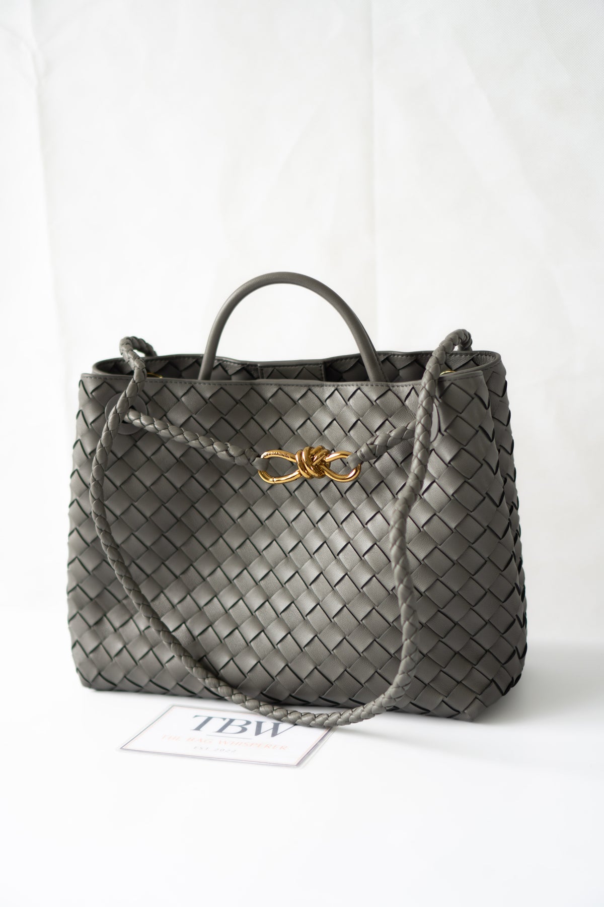 Andiamo – Medium Grey Intrecciato Leather with Gold Hardware