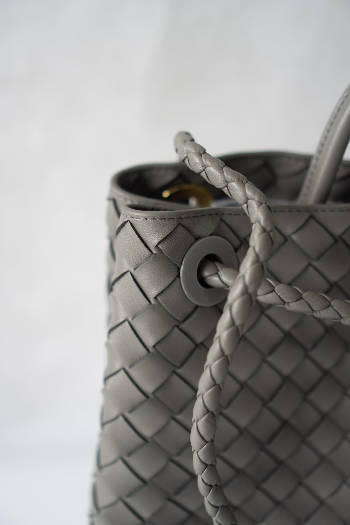 Andiamo – Medium Grey Intrecciato Leather with Gold Hardware