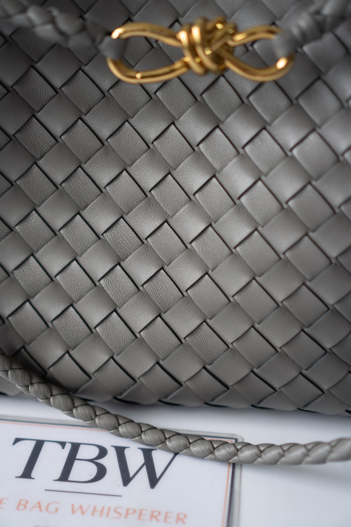 Andiamo – Medium Grey Intrecciato Leather with Gold Hardware