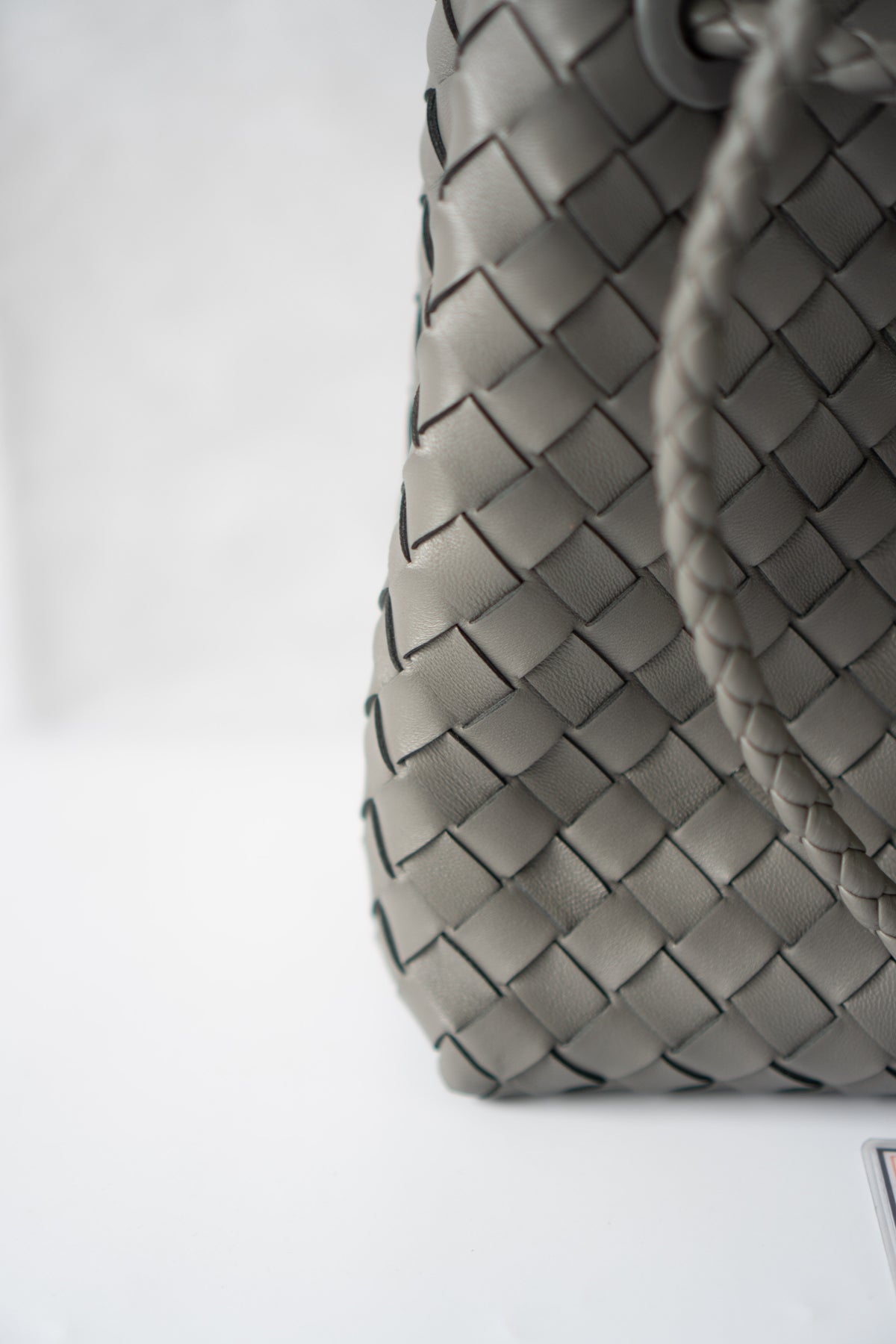 Andiamo – Medium Grey Intrecciato Leather with Gold Hardware