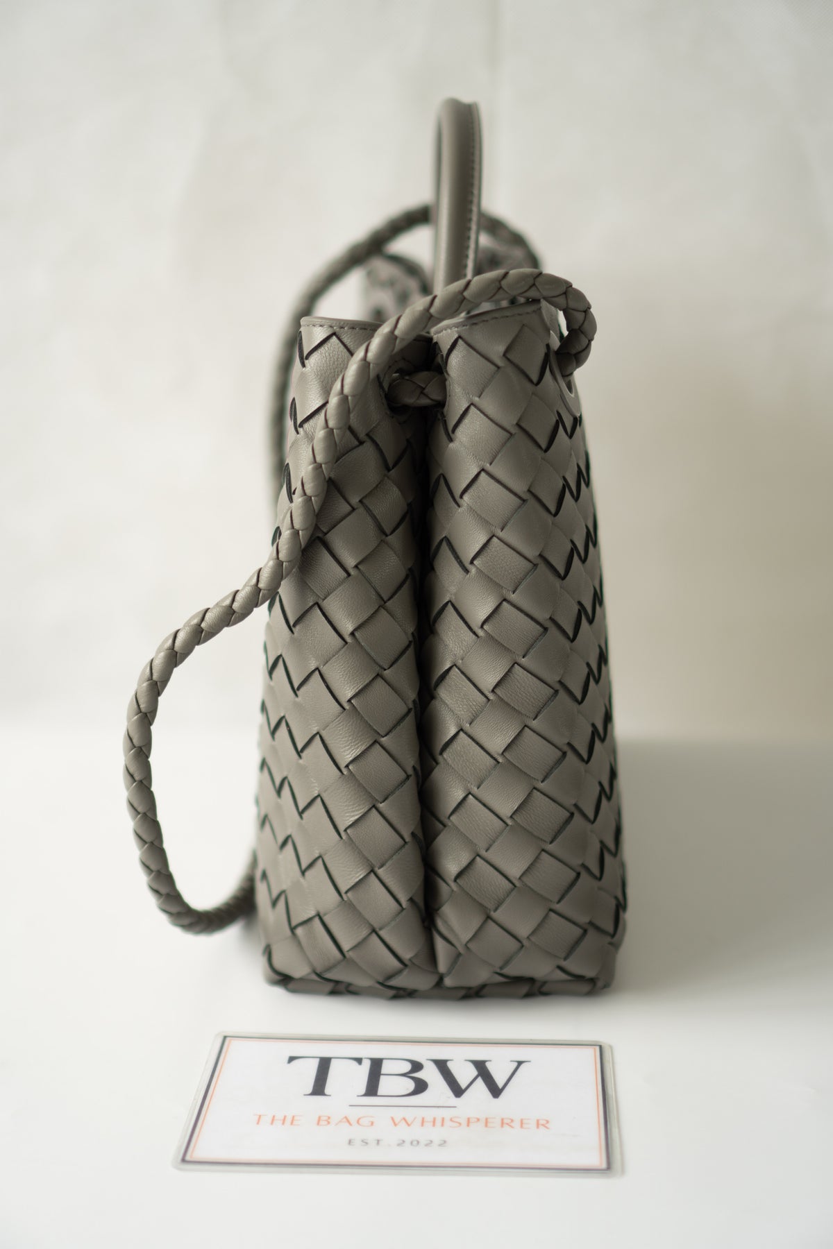 Andiamo – Medium Grey Intrecciato Leather with Gold Hardware