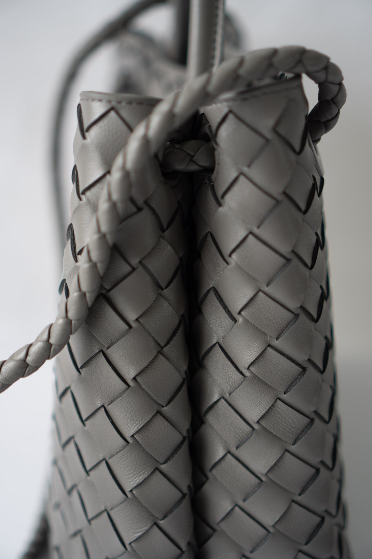 Andiamo – Medium Grey Intrecciato Leather with Gold Hardware