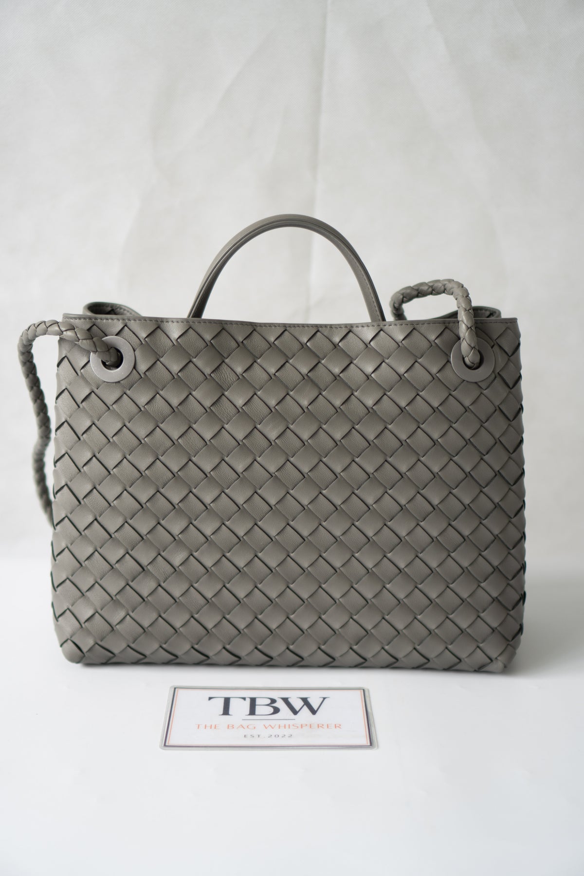 Andiamo – Medium Grey Intrecciato Leather with Gold Hardware