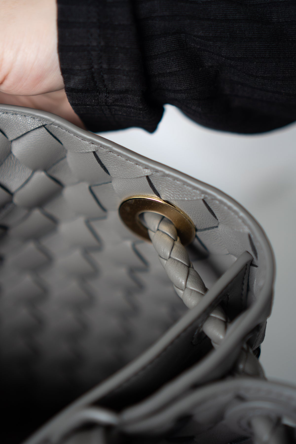 Andiamo – Medium Grey Intrecciato Leather with Gold Hardware
