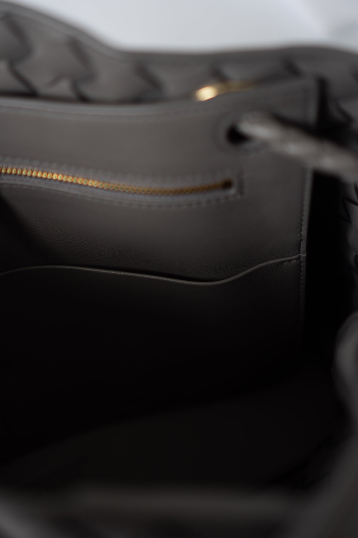 Andiamo – Medium Grey Intrecciato Leather with Gold Hardware