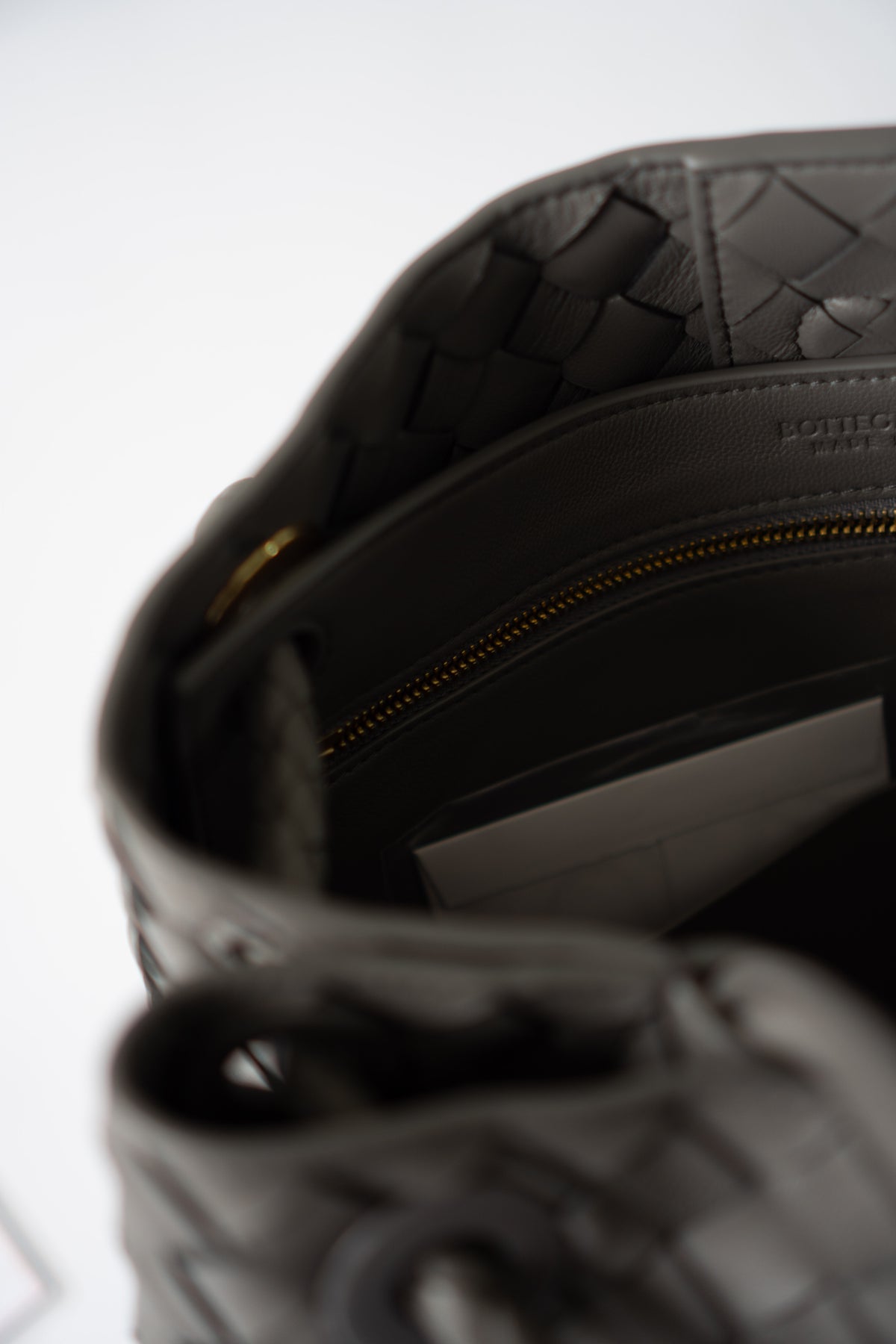 Andiamo – Medium Grey Intrecciato Leather with Gold Hardware