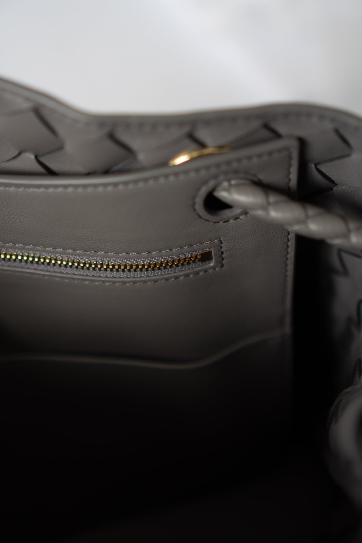 Andiamo – Medium Grey Intrecciato Leather with Gold Hardware