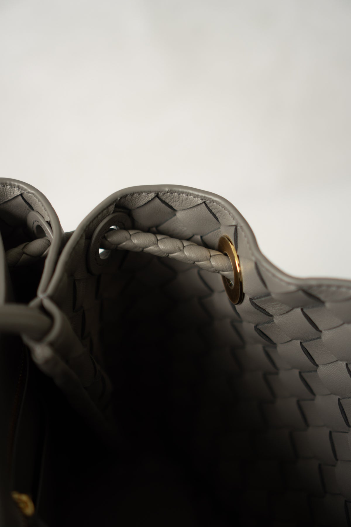 Andiamo – Medium Grey Intrecciato Leather with Gold Hardware